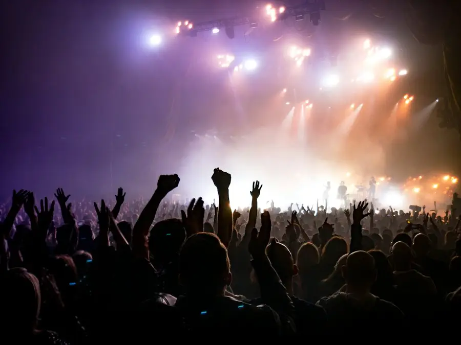 Festival crowd facing a lit stage at night
